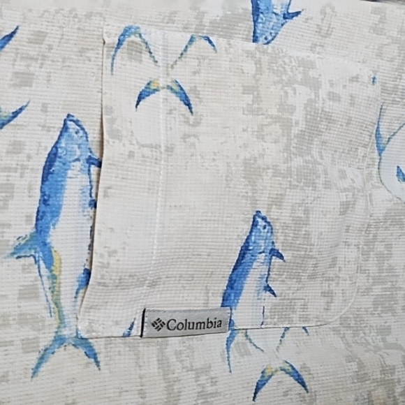 Columbia Textured 100% Silk Casual Side Vent Button Down Shirt Deep Sea Fish - Picture 5 of 10